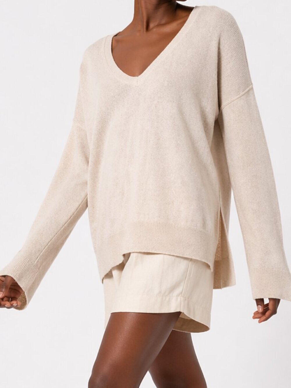HALOGEN Cashmere V Neck Boxy Sweater Cream Ivory Medium